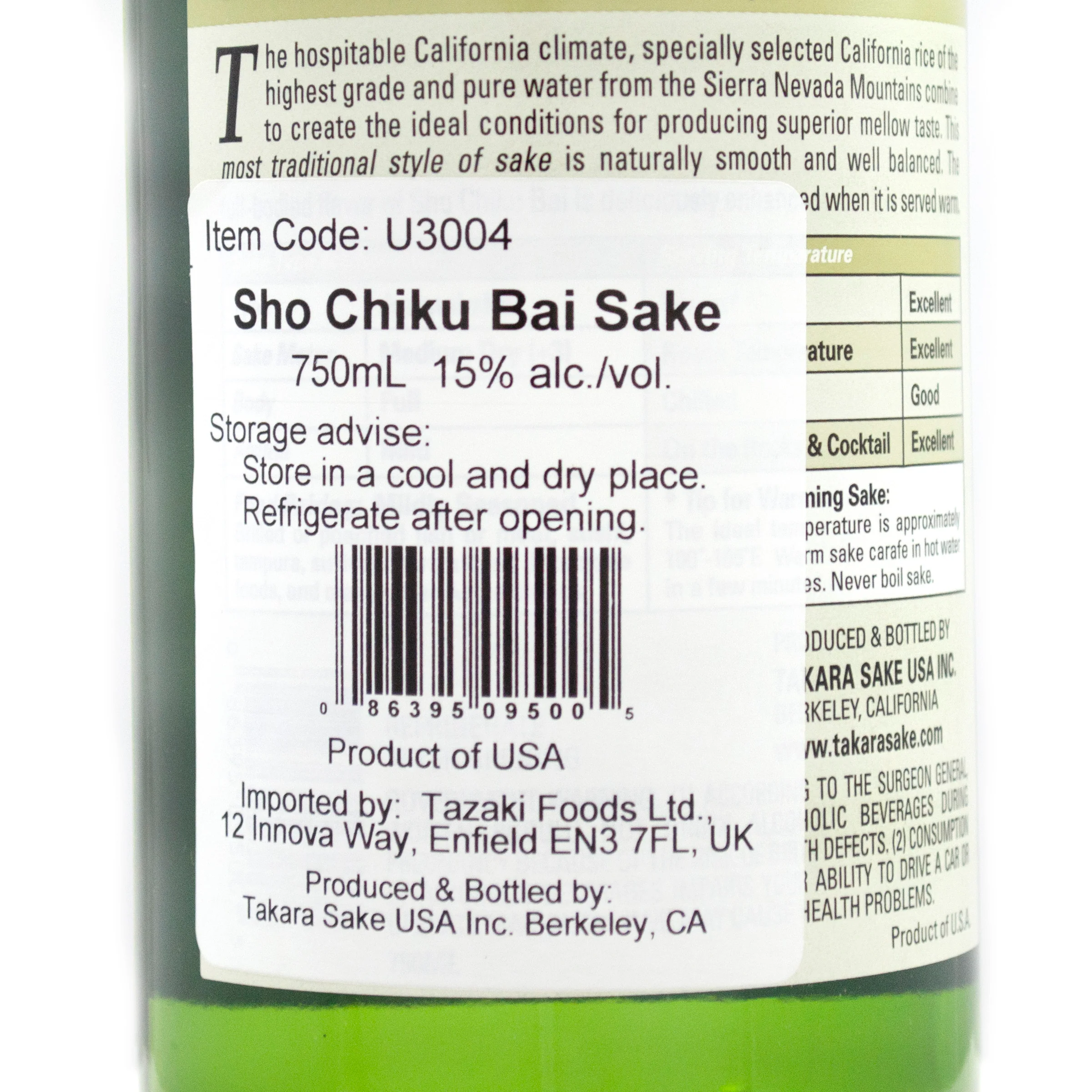 Shochikubai Classic Junmai Sake 750ml 15% - Image 3